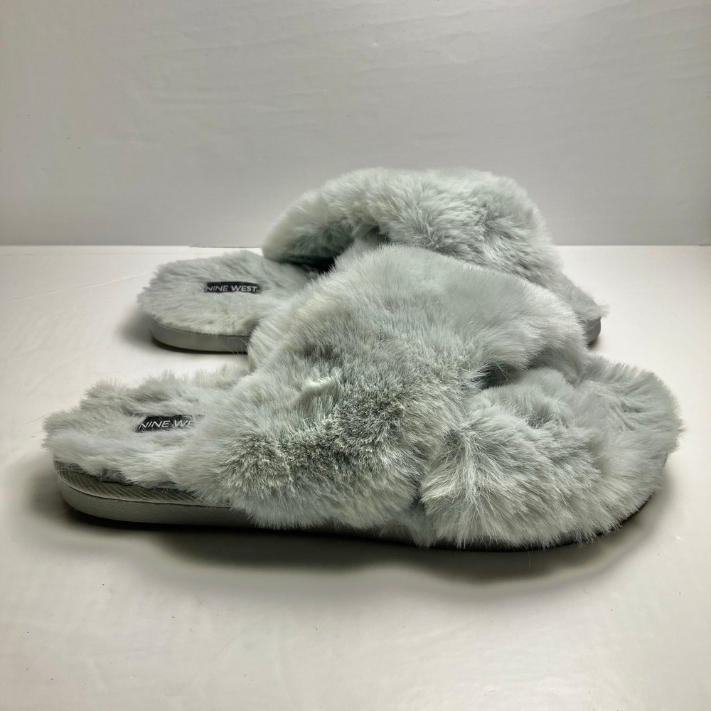 Nine West Cross Band Faux Fur Plush Slippers L 9-10 Grey Memory Foam Comfy